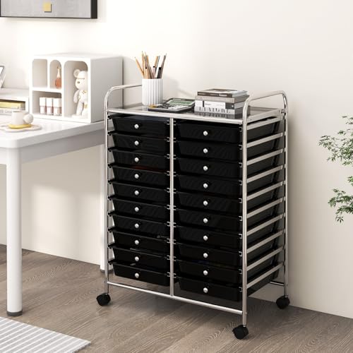 RELAX4LIFE 20 Drawer Rolling Storage Cart, Mobile Rolling Cart w/Drawers for School Classroom Teacher Office Home Salon, Paper File Art Supply Craft Organizer, Utility Cart on Wheels (Black) - color: Black, size: 35''