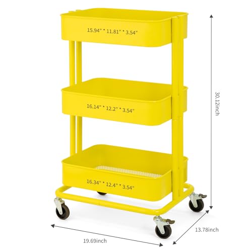 3 Tier Rolling Cart Metal Heavy Duty Utility Cart with Silent Caster Lockable Wheel Multi-Functional Organization Carts Storage Trolley with Mesh Shelves for Office Kitchen Living Room Yellow - color: Yellow, size: Large