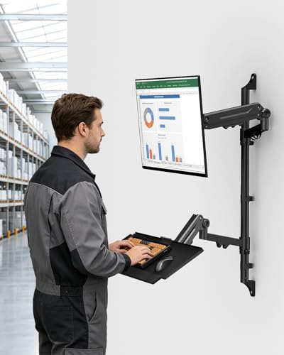 PUTUOSEN Wall Mount Monitor Arm with Keyboard Tray for 17 to 32 Inch | Height Adjustable Full-Motion Spring Arm Wall Mount Workstation Holds up to 26.4lbs, VESA 75x75/100x100mm,Black - size: 17-32 Inch