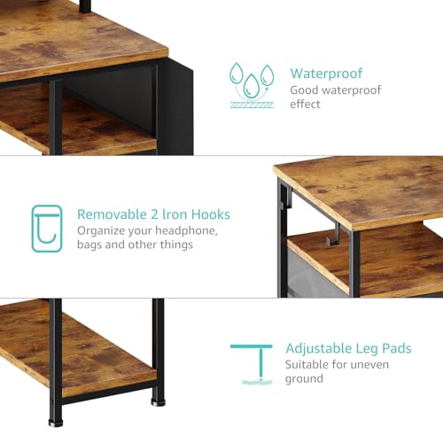 Lufeiya Gaming Desks with Led Lights and Power Outlets, 55 Inch Study Writing Computer Desk with Fabric File Drawers Cabinet for Bedroom, Home Office Desk with Shelves Monitor Stand, Rustic Brown