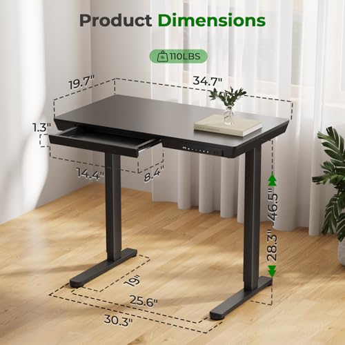 35" Electric Standing Desk with Drawer, 4 Lockable Wheels - color: Black Wood-top, size: 35"