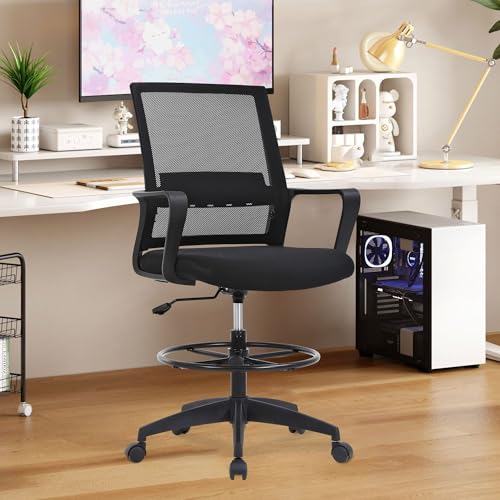 BestOffice | Tall Drafting Chair | Black | with Lumbar Support | Adjustable Seat Height & Footrest | Ergonomic Mesh Back, 360 Swivel & Rolling Wheels | For Home, Office, Workspaces - color: Black