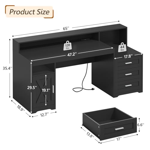 65" Farmhouse Computer Desk with Drawers and Printer Stand for Home Office - color: Black