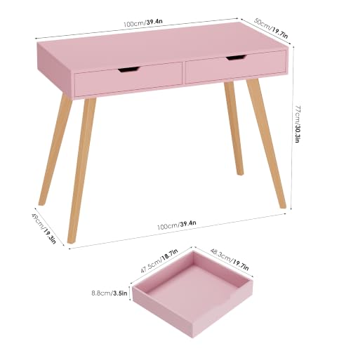 FOTOSOK Writing Desk with 2 Drawers, Small Cute Desk Makeup Vanity Table | Wood Computer Desk with 4 Solid Oak Legs, Home Office Desk & Study Table, Mid Century Desk for Bedroom Small Spaces, Pink - color: Pink