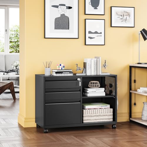 3 Drawer File Cabinet with Lock,Mobile Lateral Filing Cabinet with Side Hook for Letters/Legal/A4, Metal Printer Stand Storage Cabinets with Shelves for Home Office(Black) - color: Black, size: 34.5"W x 24.4"H x 15.8"D