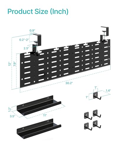 PEGZONE Under Desk Cable Management Tray, 30.2" No-Drill C-Clamp Pegboard - color: Black
