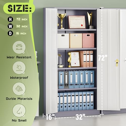 SUNCROWN Upgrade Metal Garage Storage Cabinet, Large 72" Locking Steel Garage Cabinets with 4 Adjustable Shelves and 2 Doors,Metal Lockable Tool Cabinets for Garage, Office,Home, Grey White - color: Grey & White, size: 72"H x 32"W x 16"D