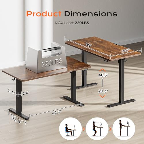 Huuger 55 x 28 Large Electric Standing Desk, Height Adjustable Computer Desk, 27.6" Deep Desktop, Stand up Gaming Office Desk with 2 Hooks, 3 Preset Heights, for Home Office, Rustic Brown - color: Rustic Brown, size: 55*28 inch (no outlets)
