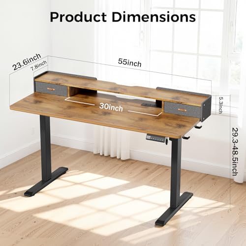 Electric Standing Desk with Drawers, 55 Inch Height Adjustable Desk with Power Outlets & LED Lights, Sit Stand Table with Monitor Stand for Home, Office, Rustic Brown - color: Brown, size: 55×24 Inch Rectangular with Drawers