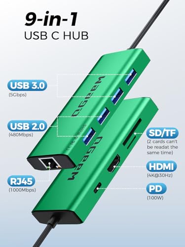 QGeeM USB C Hub Ethernet,9 in 1 USB Type C Hub HDMI Multi-Port Converter Adapter,100W Pd, USB 3.0,SD/TF Card Reader,Compatible for MacBook Pro Air Ipad HP Dell Lenovo Chromebook etc.-Green - color: Green