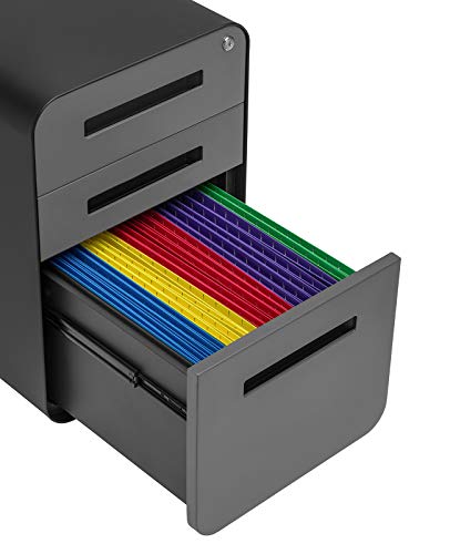 Laura Davidson Furniture Stockpile 3 Drawer File Cabinet with Lock - Under Office Desk Metal Filing Cabinet, Legal/Letter File Folders, Wheels and Stationary Feet, Pre-Assembled, Black/Grey - color: Black/Grey