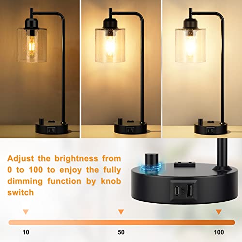 Industrial Desk Lamp, Fully Dimmable Small Bedside Table Lamp, Black, USB C - color: Clear Seeded