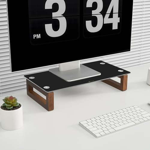 YEOUX Multi-Purpose Desktop Stand - 17.0" x 9.0" x 3.5" (Black & Walnut) | Black Floating Glass Top with Natural Wood Base, Desk Organization, for Computer, Printer, Laptop, Audio Device, Flat Screen - color: Walnut&Black