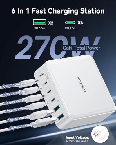 Rocoren 270W GaN 6‑Port Charging Station,100W PD Fast Charger Block Dock - color: White-270W