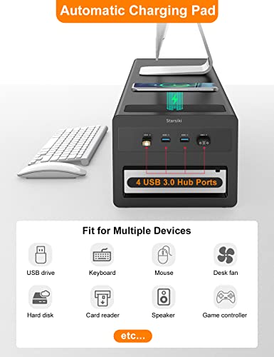 2 Tiers Dual Monitor Stand with Auto Charging Pad, 4 USB 3.0 Hub Ports, Double Monitor Riser, Metal Desk Stand with Storage, Long Screen Raiser for 2 Monitors/PC/Laptop/Computer Space Saver Organizer