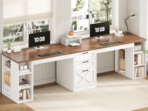SEDETA Farmhouse 96.5" 2 Person Computer Desk with Storage Drawers | Home Office Desk, Gaming Double Desk, Long Two Person Writing Desk with Shelves, White and Brown - color: White and Brown