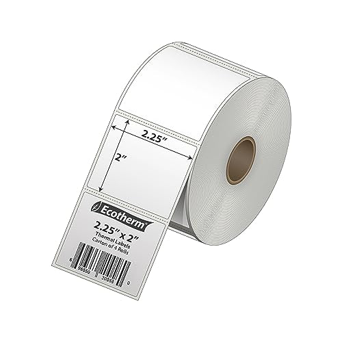 2.25" x 2" Thermal Labels | 4 Rolls | 2940 Labels | fits Zebra, Munbyn, Rollo, Godex, Arkscan, iDPRT, Offnova Thermal Label Printers and More | Blank White Adhesive Stickers by Ecotherm - size: 2.25 x 2 - 2940 Labels