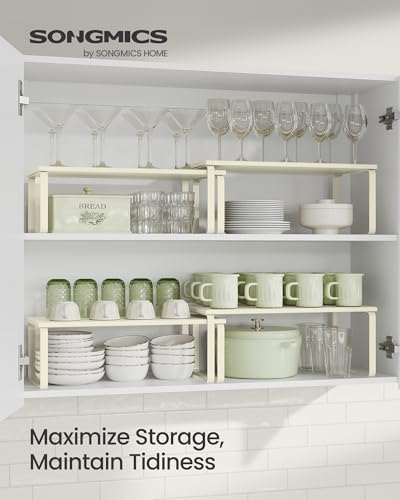 SONGMICS Cabinet Organizer Shelf, Set of 2 Spice Rack, Kitchen Storage | Kitchen Counter Storage Spice Rack, Steel, Bamboo, Cream, BYSTRO Collection UKCS200W02 - color: Cream White, size: 15.6"w