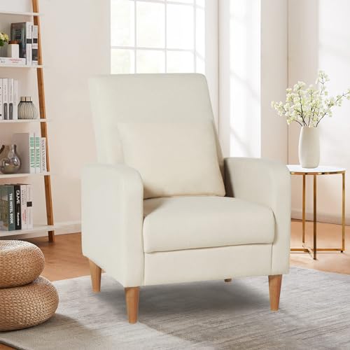COLAMY Mid-Century Modern Upholstered Accent Chair with Back Pillow & Solid Wood Legs, Fabric Cozy Armchair for Living Room, Bedroom, Reading Nook, Apartment & Small Spaces, Beige - color: Beige, size: Set of 2