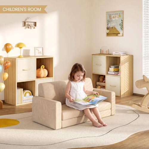 EXPERLAM 4 Cube Storage Organizer - Solid Wood Bookshelf with 2 Storage Bins, Cube Shelf with 2 Removable Back Panels, Vertical or Horizontal Bookcase, Open Book Shelf for Bedroom, Living Room, Office - size: 4 Cube Shelf