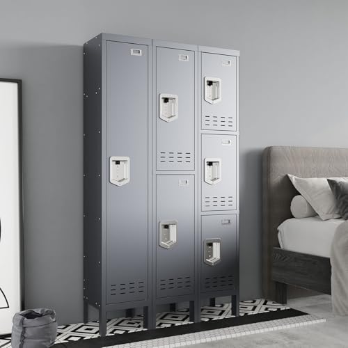 BUTISOW Metal Storage Locker with Lock & Card Slot Locker - Secure Lockable Door - Steel Locker for School, Office, Gym, Home - 66.15" H x 11.8" W x 11.8" D(1 Door, Grey) - color: Grey, size: 1 Door - (66.15" H x 11.8" W x 11.8" D)
