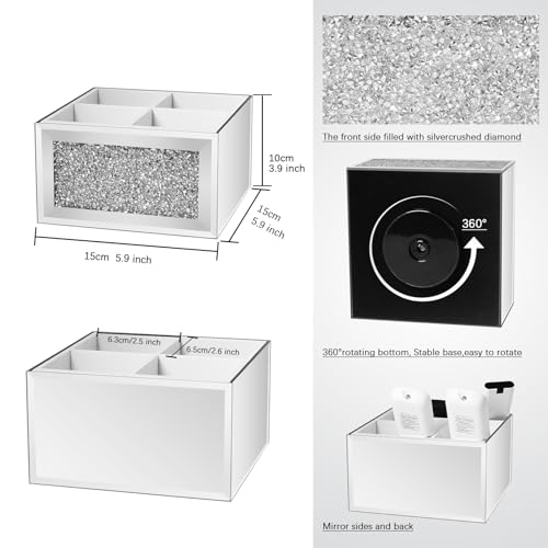 360 Rotating TV Remote Control Holder Caddy Storage for Table, Silver Bling Crushed Diamond Organizer for Pens and Pencils, Make Up Brushes