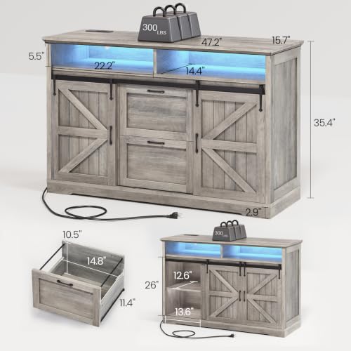 SEDETA 47.2" File Cabinet, 2 Drawers Filing Cabinets for Home Office fit Legal/Letter/A4 File, Farmhouse File Cabinet with Barn Door & Power Outlets, Printer Stand with Storage & LED Lights, Grey - color: Grey