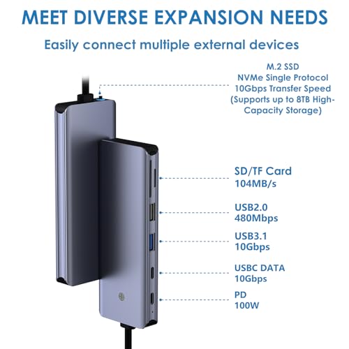 7-in-1 USB C Hub with M.2 NVMe SSD Enclosure, 10Gbps USB-C/3.1 Gen2, 100W PD, USB 2.0, PCIe 3.0 Support for MacBook Pro & Type-C Devices - size: 6 in 1 Support NVMe-B