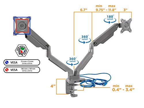 Mount-It! Dual Monitor Desk Mount with USB 3.0 Ports, Full Motion Dual Monitor Stand for 2 Screens up to 32 Inches, VESA 75x75 & 100x100, Clamp or Grommet Installation