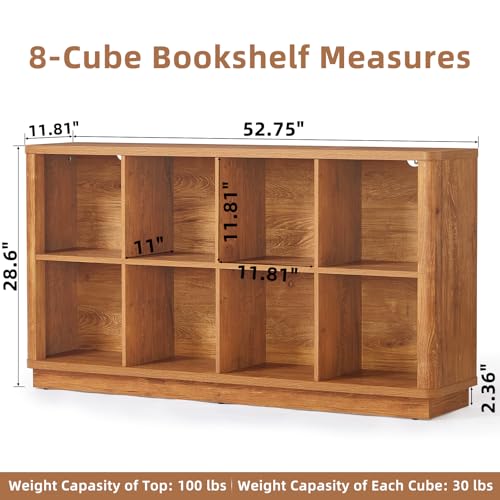 Joaxswe 8 Cube Storage Book Shelf, 52" Long Horizontal Bookshelf with Curved Edge, Floor Standing Wooden Cubby Bookcase with Base, Low Modern Console Book Case, TV Stand for Living Room, Brown - color: Brown, size: 8 Cube (11.81"D x 52.75"W x 28.6"H)
