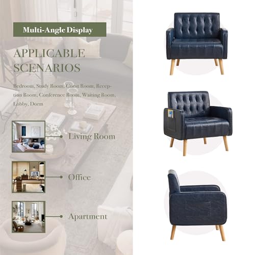 Leather Accent Chair Set of 2, Living Room Chair with Wooden Legs (Blue) | CHYMSUN, Mid-Century Modern, Tufted Backrest, Side Pocket, Cozy, Comfy Armchair, Office, Living Room, Waiting Room - color: Blue, size: 2