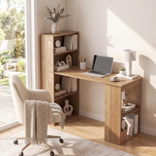 Tangkula Computer Desk with Bookshelf, Writing Study Desk with Storage Shelves & CPU Stand, Modern Compact Computer Workstation for Home & Office, Space-Saving Design(Natural) | Natural Wood Desk w/Storage Shelves & CPU Stand, Space-Saving Design Writing