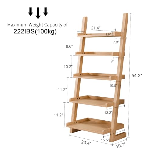 AQIMUELE Wooden Ladder Shelf with Edges, 5-Tier Modern Leaning Bookshelf Ladder – Stylish Space-Saving Bookcase for Living Room, Bedroom & Home Office - color: Natural, size: 5-Tier