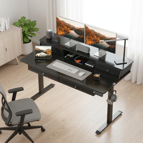 Tangkula 55-Inch Electric Standing Desk with 4 Storage Drawers & Monitor Stand, Height Adjustable Stand Up Desk with 3 Memory Heights & Hook, Anti-Collision Design, Ergonomic Sit Stand Computer Desk - color: Black