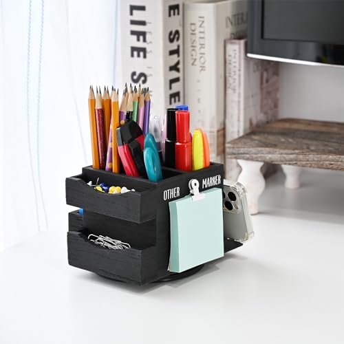 Ikee Design 360-degree Rotating Pen Holder | Rotating wood desktop organizer with 4 compartments stores pens, pencils, markers, phones and office supplies.