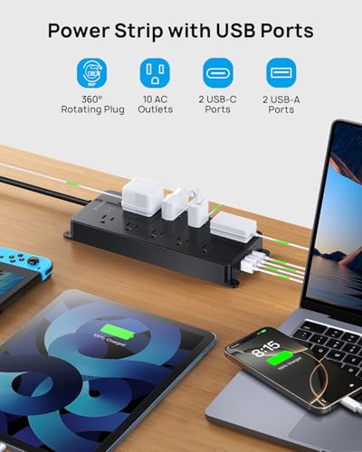 TROND Power Strip Surge Protector with 360° Rotating Flat Plug, 15ft, 4000J - color: Black, size: 15FT (Rotating Plug)