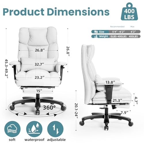 Big and Tall Office Chair with Foot Rest,Heavy Duty Office Chair(White) | PU Leather High Back Wide Desk Chair, Comfortable Executive Office Chair, 135° Reclining, Adjustable Padded Armrests - color: White