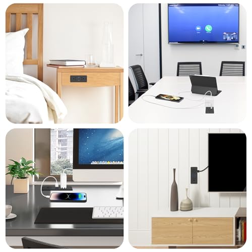 HHSOET 5 in 1 Recessed Power Strip Flat Plug, 65W Fast Charging Furniture Outlet with USB, Conference Recessed Socket with 2 AC Plugs, 2 USB Ports 1 USB-C, 10ft Power Cord. (Black)