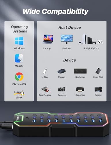 ZIUMIER Powered USB Hub, 10 Ports USB 3.0 Hub with RGB LED Strip