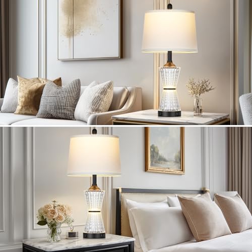 Modern Table Lamps for Living Room, 26" Tall Black Table Lamp with 2 Textured LED Night Light, 2 USB Charging Port & AC Outlet, Bedside Lamps for Bedroom Nightstands End Table Office, 2 Bulbs Included - color: Black-1