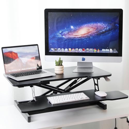 Standing Desk Converter, 32" Height Adjustable Sit to Stand Up Workstation, Dual Monitor Desk Riser with Keyboard Tray, Black Desktop Tabletop Riser Laptop for Home Office