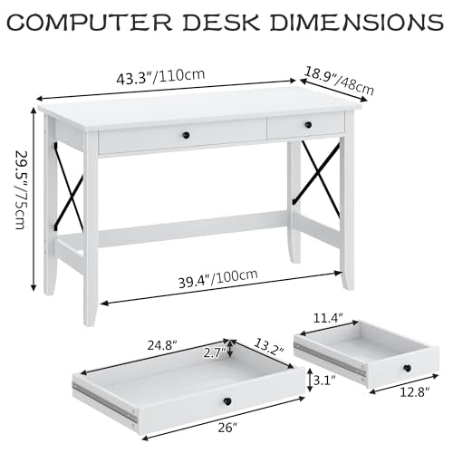 JSB 43.3 Inch White Computer Desk with 2 Drawers for Home Office Bedroom - color: White, size: 43.3 inch