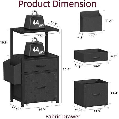 HIGDBFE File Cabinet with 2 Fabric Drawers & Dual Shelves, Black | 2-Tier Printer Storage, Letter File Drawer, Reversible Side Bag, Smooth Drawer Slides, Rolling Support Board Prevent Collapse - color: Black