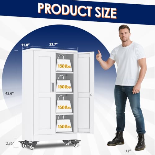 erosoei 45.6"H Metal Garage Storage Cabinet, Rolling Tool Cabinet with 2 Doors and Wheels, Locker Steel Cabinet with 3 Adjustable Shelves, Organization Cabinet for Garage,Office,Home,Gym,School(White) - color: White, size: 45.6"-CasLck