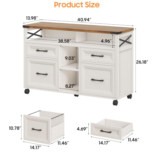 Halitaa Farmhouse Filing Cabinet with Adjustable Shelf & Wheels, Off White - color: Off White, size: 4 Drawers&Wheels