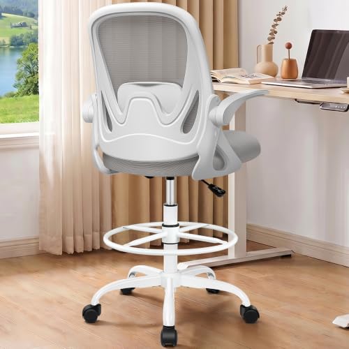 Drafting Chair Tall Office Chair with Flip-up Armrests, Adjustable Height, and Enhanced Lumbar Support - Ergonomic Rolling Stool, Back Support, and Adjustable Foot Rest Ring for Standing Desk Gray - color: Grey, size: 934W-Z