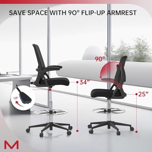 Ergonomic Drafting Chair, Tall Height Adjustable Office Stool with Flip Up Armrest, Adjustable Foot Ring & Lumbar Support, Rolling Mesh High Desk Chair for Standing Desk, Studio & Office Use - color: Matte Black
