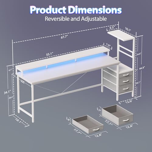 Mericonia 68 inch Gaming Desk with Drawers, Reversible Computer Desk, White - color: White, size: 68*20
