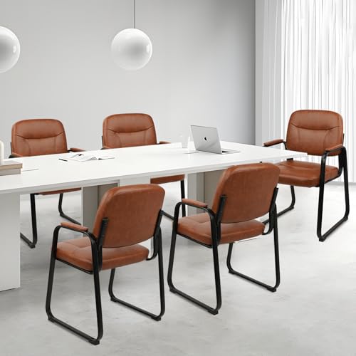 CLATINA Waiting Reception Chairs No Wheel, Leather Guest Chair with Padded Arms, Modern Brown Office Desk Chairs with Sled Base for Office Meeting Conference Room Lobby Home Living Room (2 Pack) - color: Brown-sled Base, size: 2pack