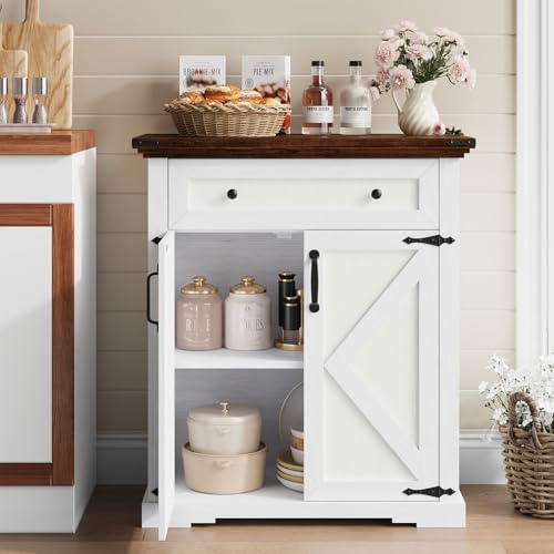 Coffee Bar Cabinet, 27.6" W Farmhouse Buffet Cabinet with Door & Drawer, Kitchen Cabinet with Adjustable Shelf for Hallway, Living Room, Dinning Room (White) - color: White